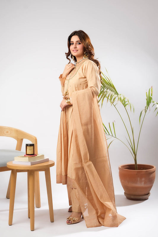 Women Eid Dress | Fawn & Gold | Casual Plus 3 Piece Suit | Cotton Foil Printed | LBD-03393
