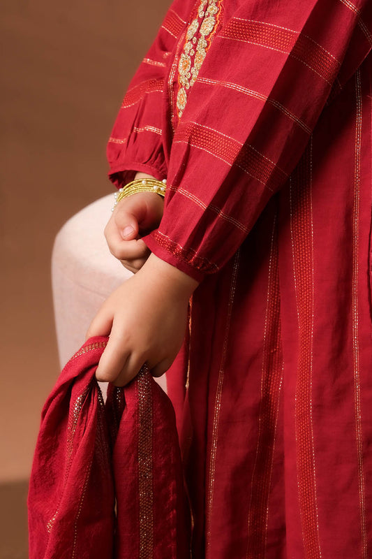 Kids Eid Dress | Maroon & Multicolor | Casual Plus 3 Piece Suit | Cotton Dobby | KBD-03381