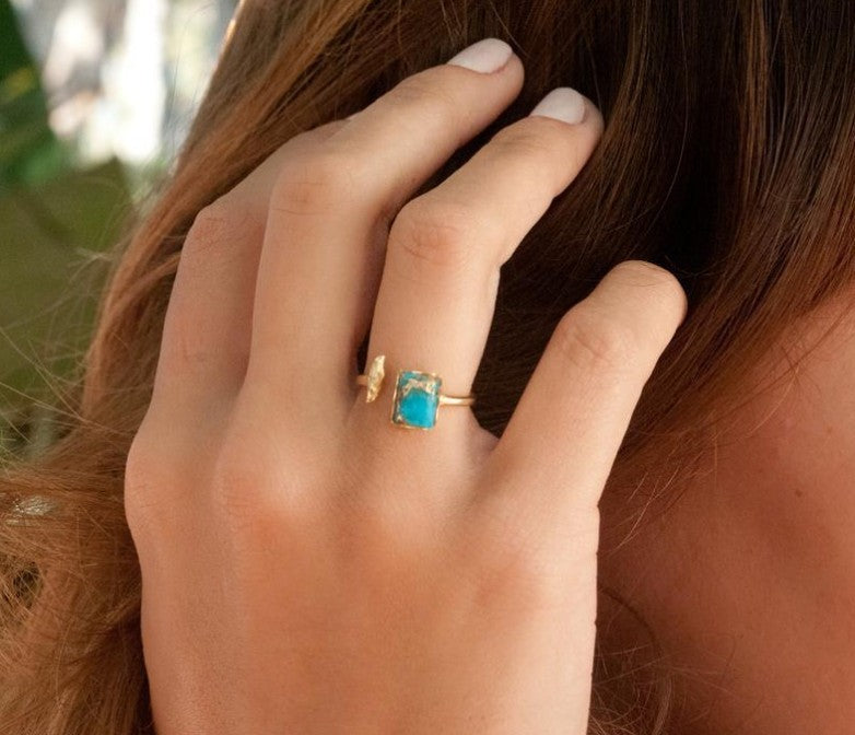 Fashion Simple European And American Style Inlaid Turquoise Open Adjustable Ring