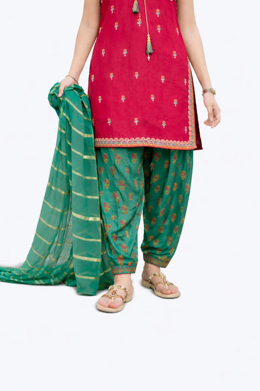 Girls Eid Dress | Shocking Pink & Turquoise Green | Formal 3 Piece Suit | Viscose Crinkle Chiffon | GDD-03344