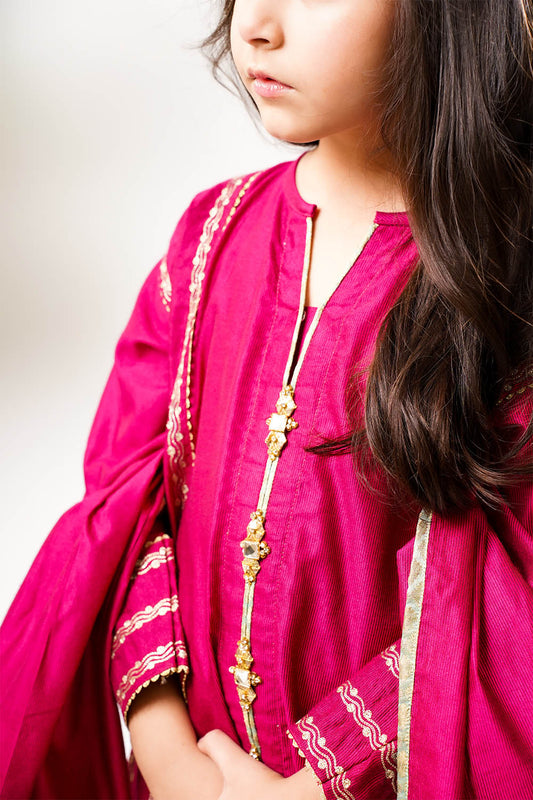 Kids formal clothes | Pink & Gold | Formal 3 Piece Suit | Viscose Chambray Katan | KDD-03237