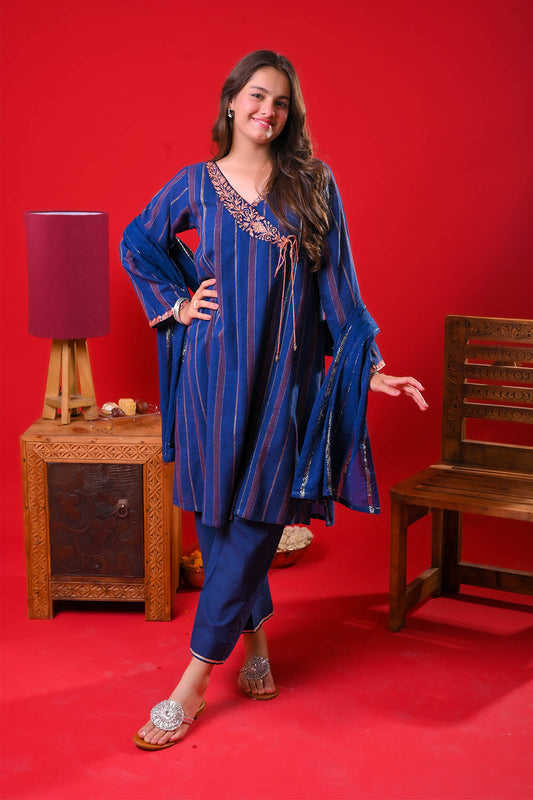 Girls Eid Dress | Blue & Multicolor | Casual Plus 3 Piece Suit  | Cotton Dobby | GBD-03349