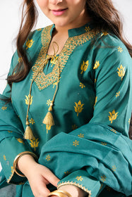 Girls Eid Dress | Green & Gold | Casual Plus 3 Piece Suit  | Cotton Glitter Printed | GBD-03392