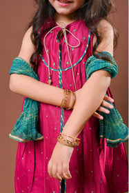 Kids formal clothes | Shocking Pink & Multicolor | Formal 3 Piece Suit | Viscose Chambray Katan | KDD-03234