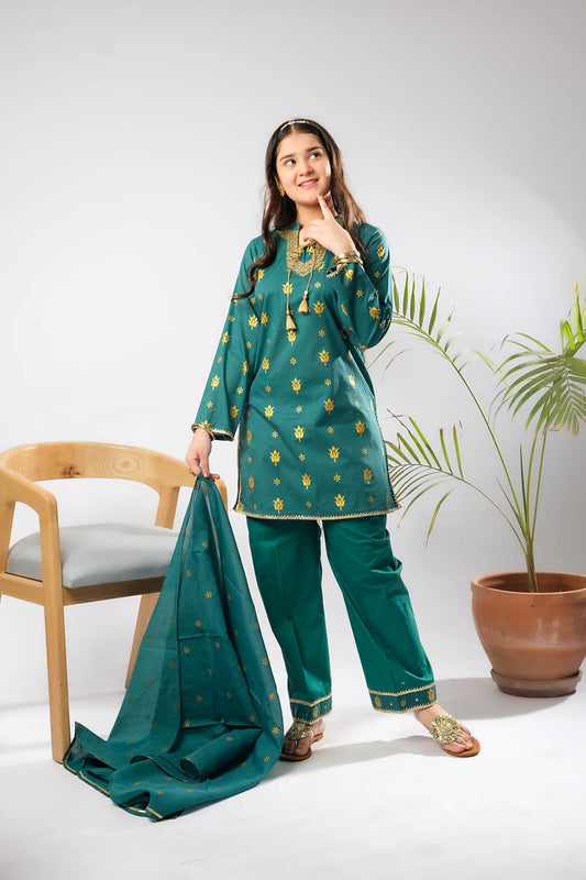Girls Eid Dress | Green & Gold | Casual Plus 3 Piece Suit  | Cotton Glitter Printed | GBD-03392