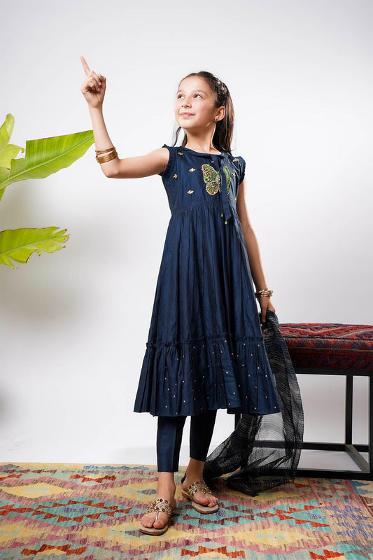 Kids formal clothes | Navy Blue & Gold | Formal 3 Piece Suit | Viscose Chambray Katan | KDD-03236
