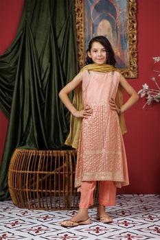 Kids formal clothes | Peach & Gold | Formal 3 Piece Suit | Viscose Raw-Silk | KDD-03106