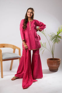 Girls Eid Dress | Shocking Pink & Multicolor | Casual Plus 3 Piece Suit  | Cotton Dobby | GBD-03384