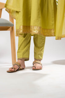 Girls Eid Dress | Perot Green & Gold | Casual Plus 3 Piece Suit  | Cotton Foil Printed | GBD-03399