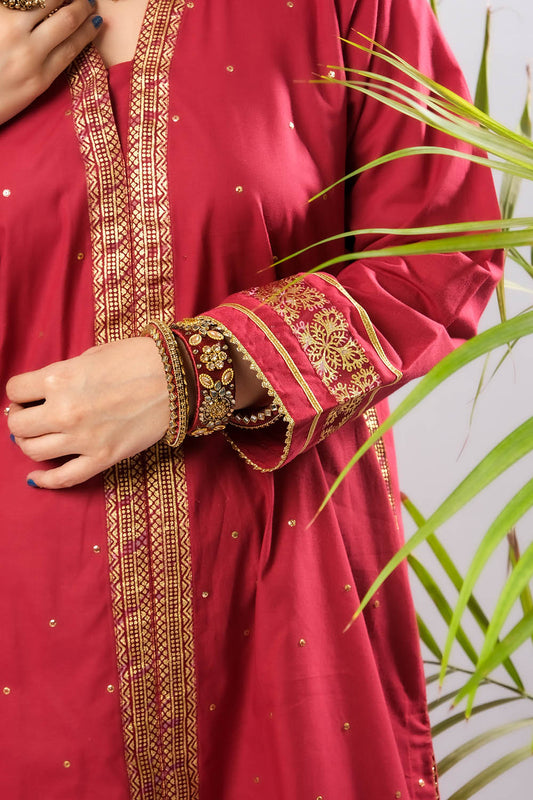 Women Eid Dress | Maroon & Gold | Casual Plus 3 Piece Suit | Cotton Foil Printed | LBD-03394