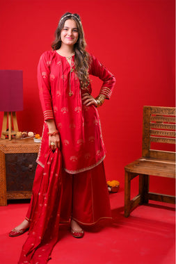 Girls Eid Dress | Red & Gold | Casual Plus 3 Piece Suit  | Cotton Jacquard | GBD-03374