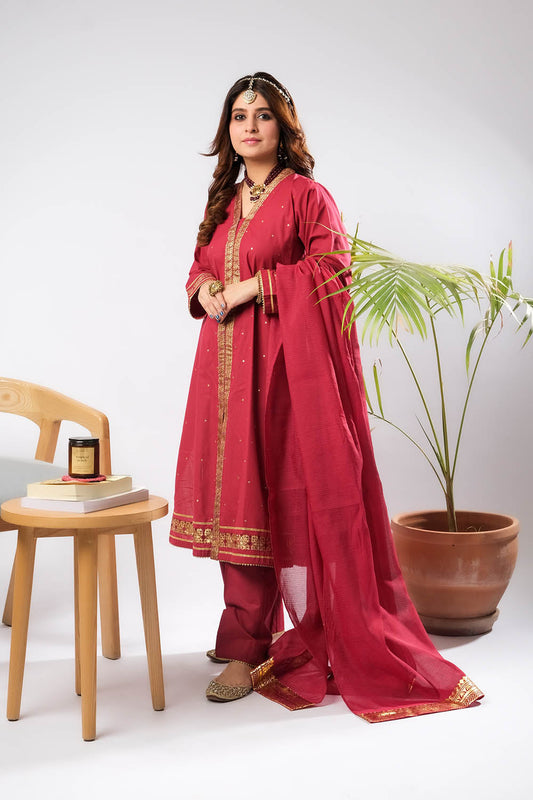 Women Eid Dress | Maroon & Gold | Casual Plus 3 Piece Suit | Cotton Foil Printed | LBD-03394
