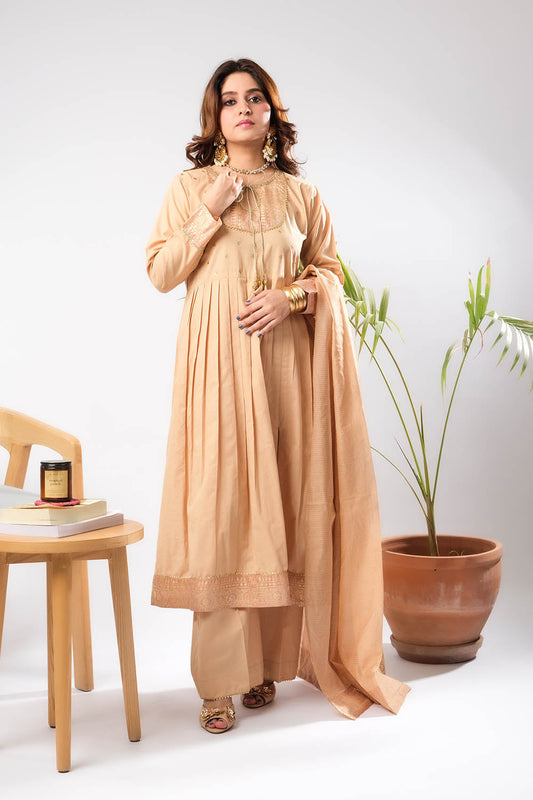 Women Eid Dress | Fawn & Gold | Casual Plus 3 Piece Suit | Cotton Foil Printed | LBD-03393