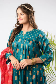 Girls formal clothes | Turquoise Blue & Multicolor | Formal 3 Piece Suit | Viscose Raw Silk | GDD-03293