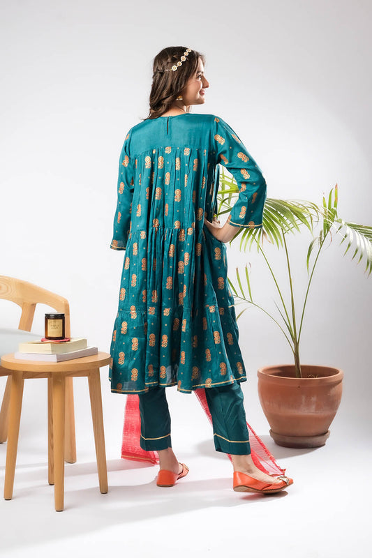 Girls formal clothes | Turquoise Blue & Multicolor | Formal 3 Piece Suit | Viscose Raw Silk | GDD-03293