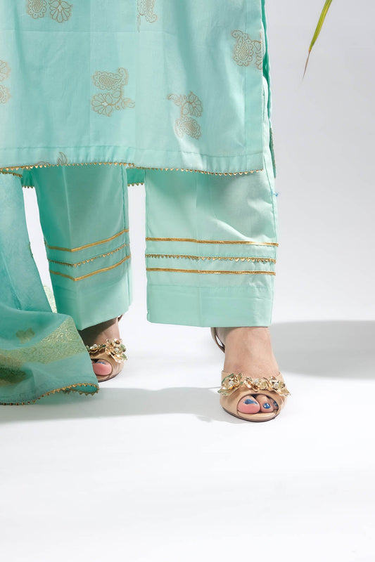 Women Eid Dress | Ferozi & Gold | Casual Plus 3 Piece Suit | Cotton Jacquard | LBD-03386