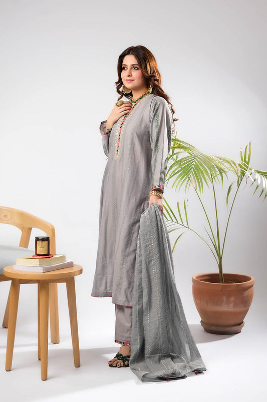 Women Eid Dress | Grey & Multicolor | Casual Plus 3 Piece Suit | Cotton Dobby Gold | LBD-03401