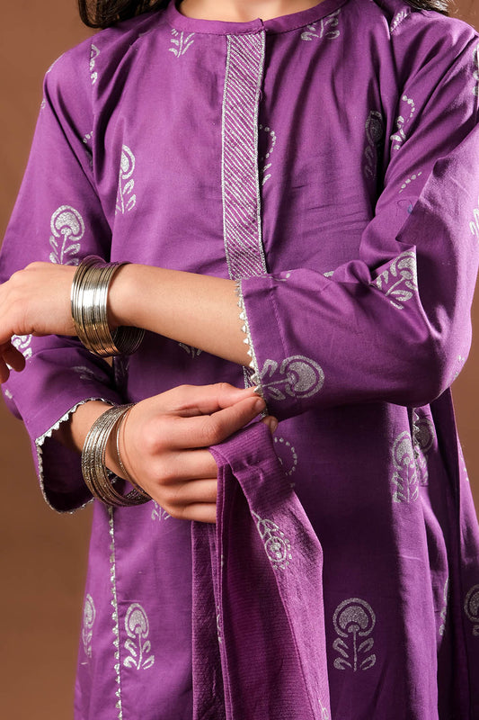 Kids Eid Dress | Purple & Silver | Casual Plus 3 Piece Suit | Cotton Glitter Printed | KBD-03390
