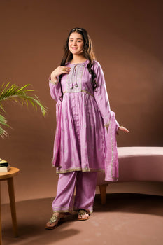 Girls formal clothes | Purple & Gold | Formal 3 Piece Suit | Viscose Raw-Silk | GDD-03152