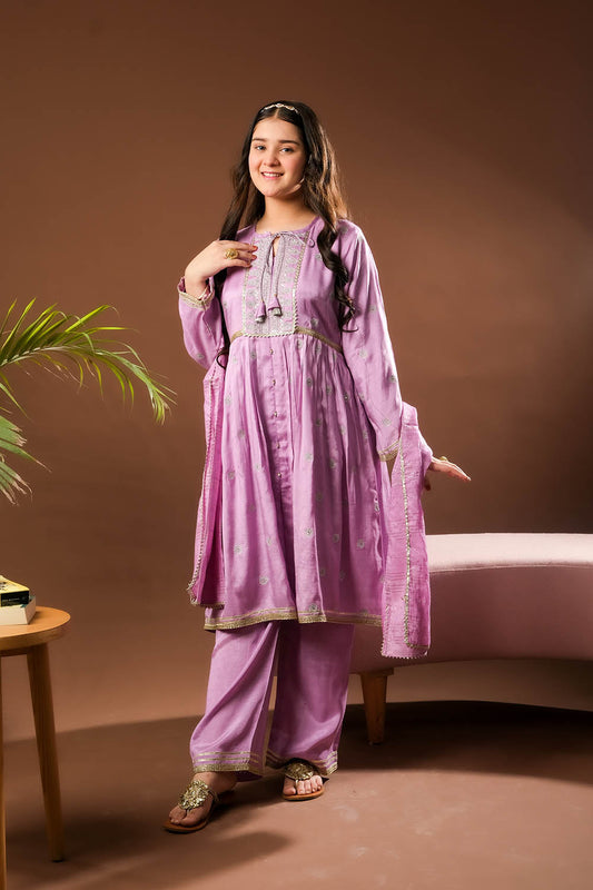 Girls formal clothes | Purple & Gold | Formal 3 Piece Suit | Viscose Raw-Silk | GDD-03152