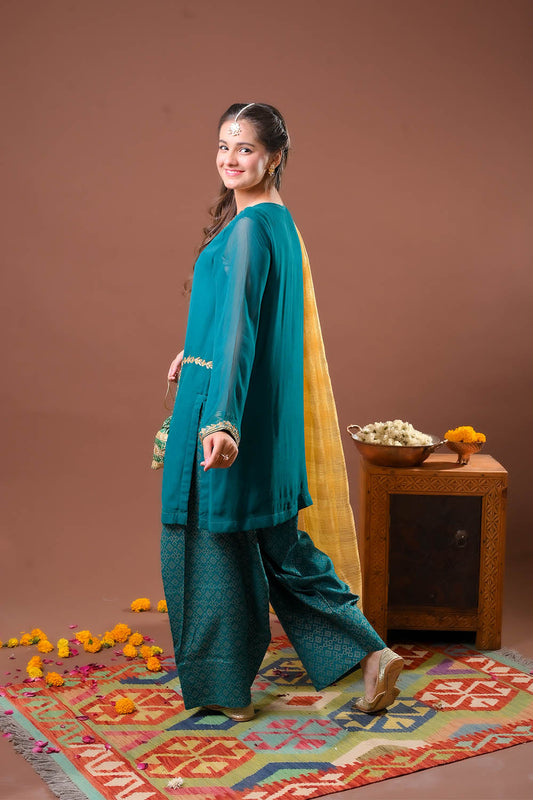 Girls formal clothes | Tourquoise Green & Gold | Formal 3 Piece Suit  | Viscose Crinkle Chiffon | GDD-03149