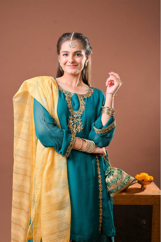 Girls formal clothes | Tourquoise Green & Gold | Formal 3 Piece Suit  | Viscose Crinkle Chiffon | GDD-03149
