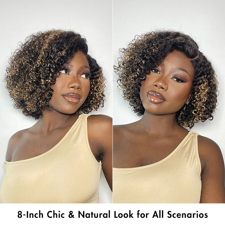 1 SEC INSTALL WIG | Honey Blonde Highlight / Natural Black Kinky Curly Glueless Minimalist HD Lace Classic Short Wig Pre-Cut Lace