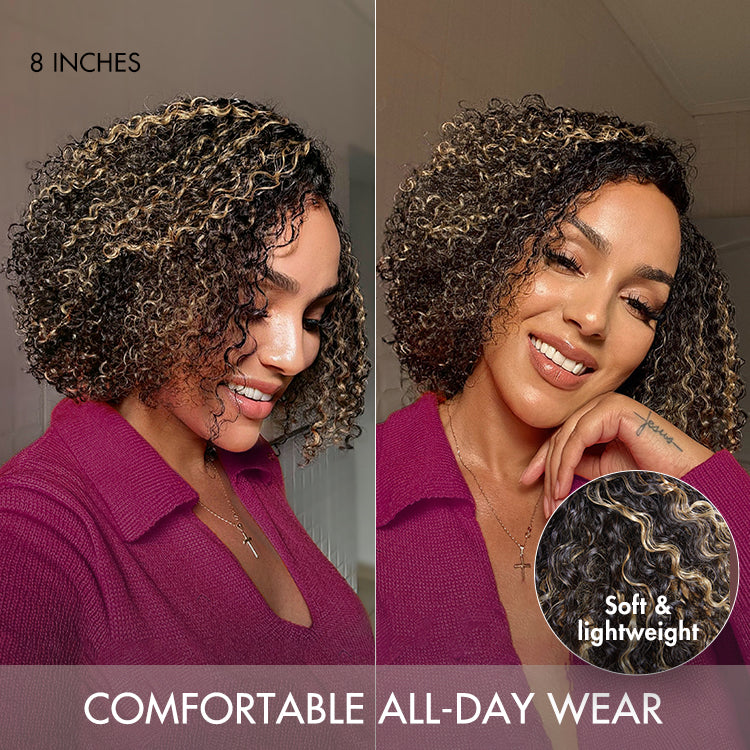 1 SEC INSTALL WIG | Honey Blonde Highlight / Natural Black Kinky Curly Glueless Minimalist HD Lace Classic Short Wig Pre-Cut Lace