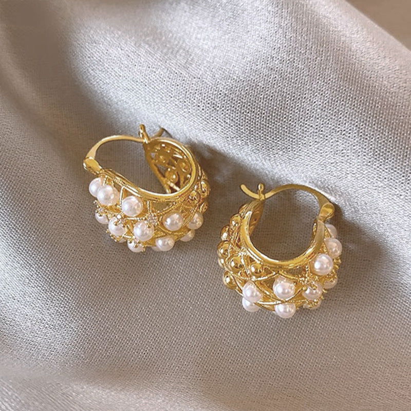 French Rhinestone Pearl Mesh Geometry Ear Clip
