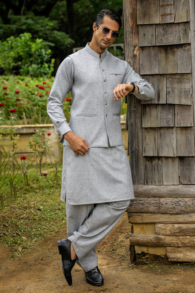 Light Grey Shalwar Kameez with Waistcoat