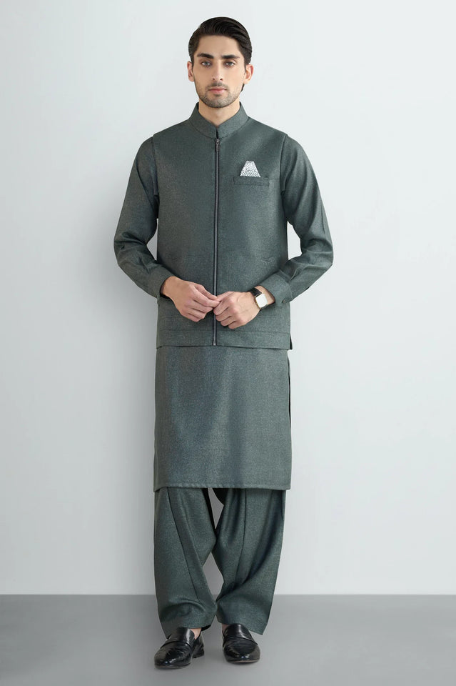 Green Shalwar Kameez with Waistcoat