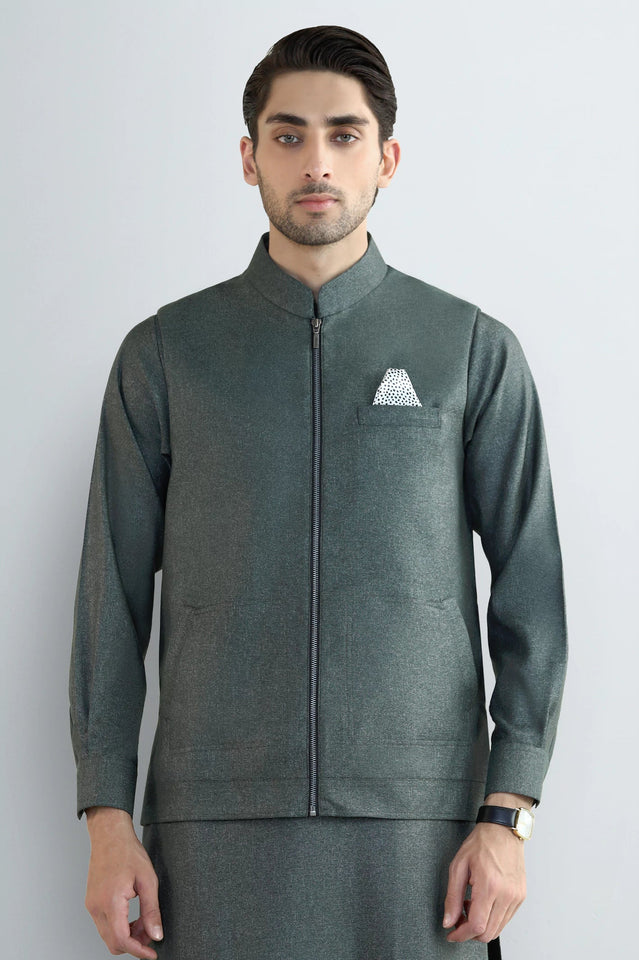 Green Shalwar Kameez with Waistcoat