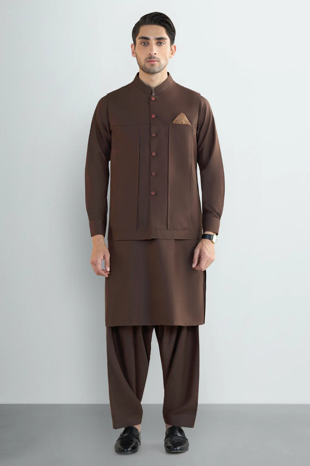 Brown Shalwar Kameez with Waistcoat