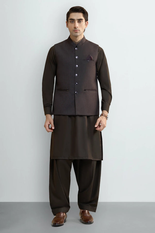 C-Brown Shalwar Kameez with Waistcoat