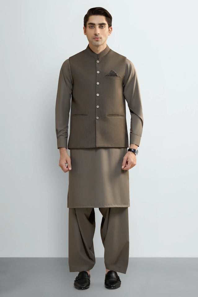 D-Beige Shalwar Kameez with Waistcoat