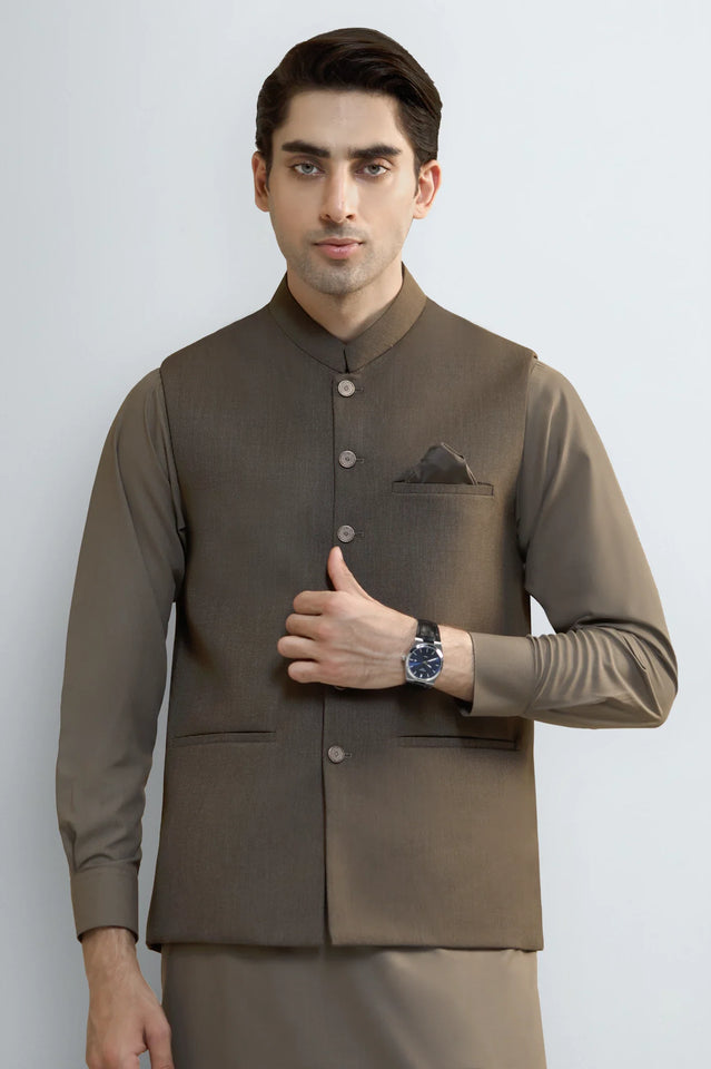 D-Beige Shalwar Kameez with Waistcoat
