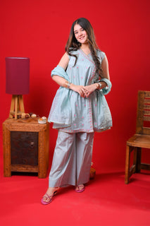 Girls Eid Dress | Sea Green & Multicolor | Casual Plus 3 Piece Suit | Cotton Plain | GBD-03332
