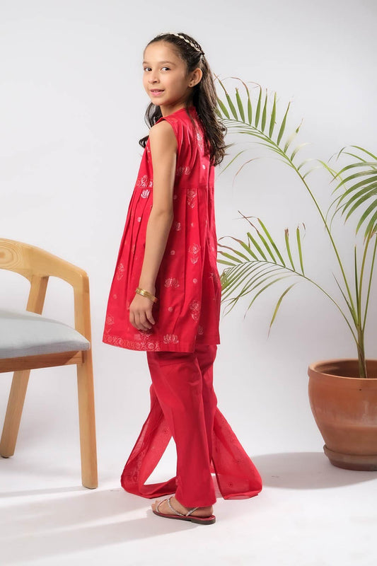 Kids Eid Dress | Red | Casual Plus 3 Piece Suit | Cotton Glitter Printed | KBD-03389