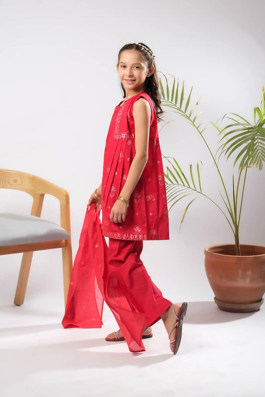 Kids Eid Dress | Red | Casual Plus 3 Piece Suit | Cotton Glitter Printed | KBD-03389