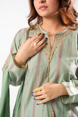 Women Eid Dress | Sea Green & Multicolor | Casual Plus 3 Piece Suit | Cotton Dobby Gold | LBD-03404
