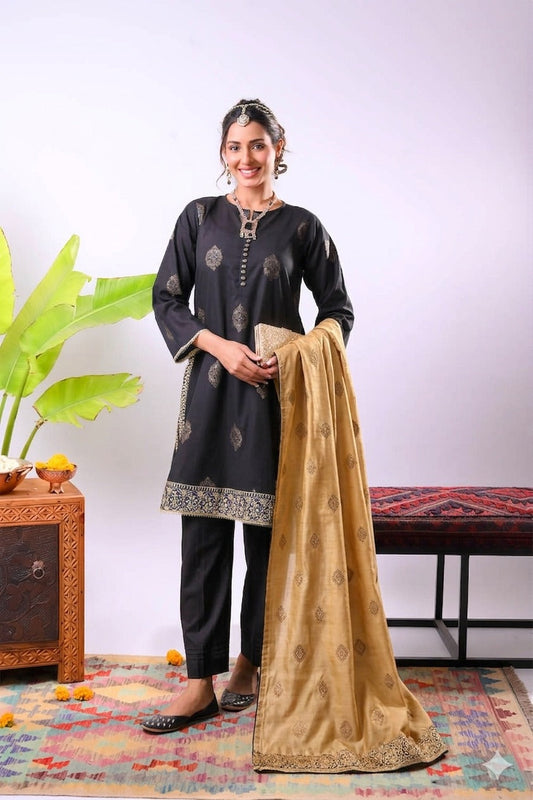 Women Eid Dress | Black & Gold | Casual Plus 3 Piece Suit | Cotton Jacquard | LBD-03375