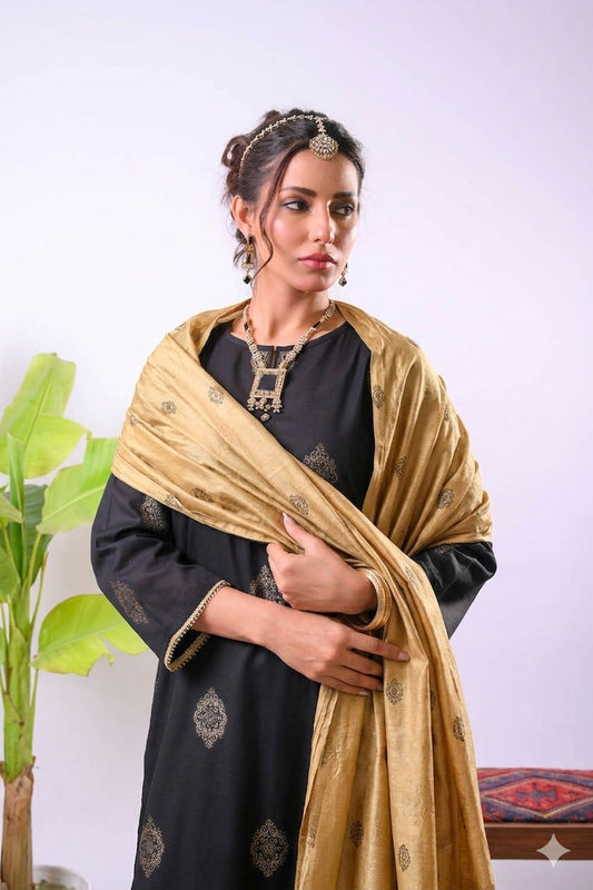 Women Eid Dress | Black & Gold | Casual Plus 3 Piece Suit | Cotton Jacquard | LBD-03375