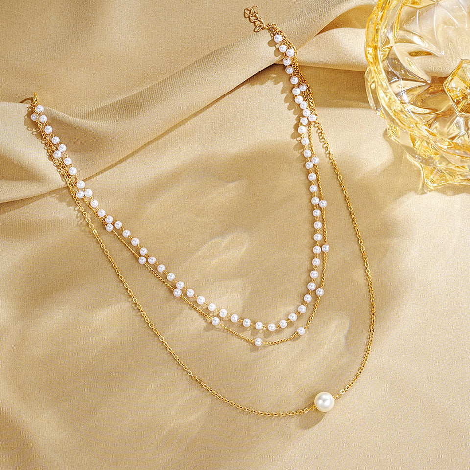 Pearl Chain Pendant Three-layer Necklace For Women Twin All-matching
